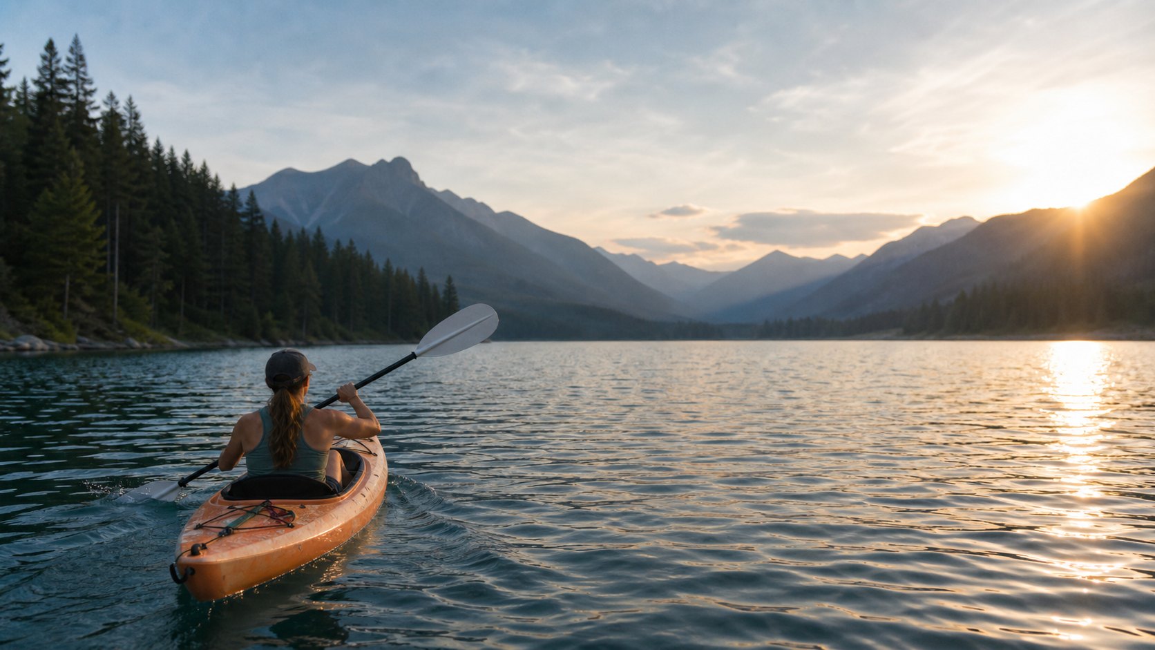 A woman kayaking on a calm mountain lake at sunset, with evergreen forest, mountains, and the sun low on the horizon